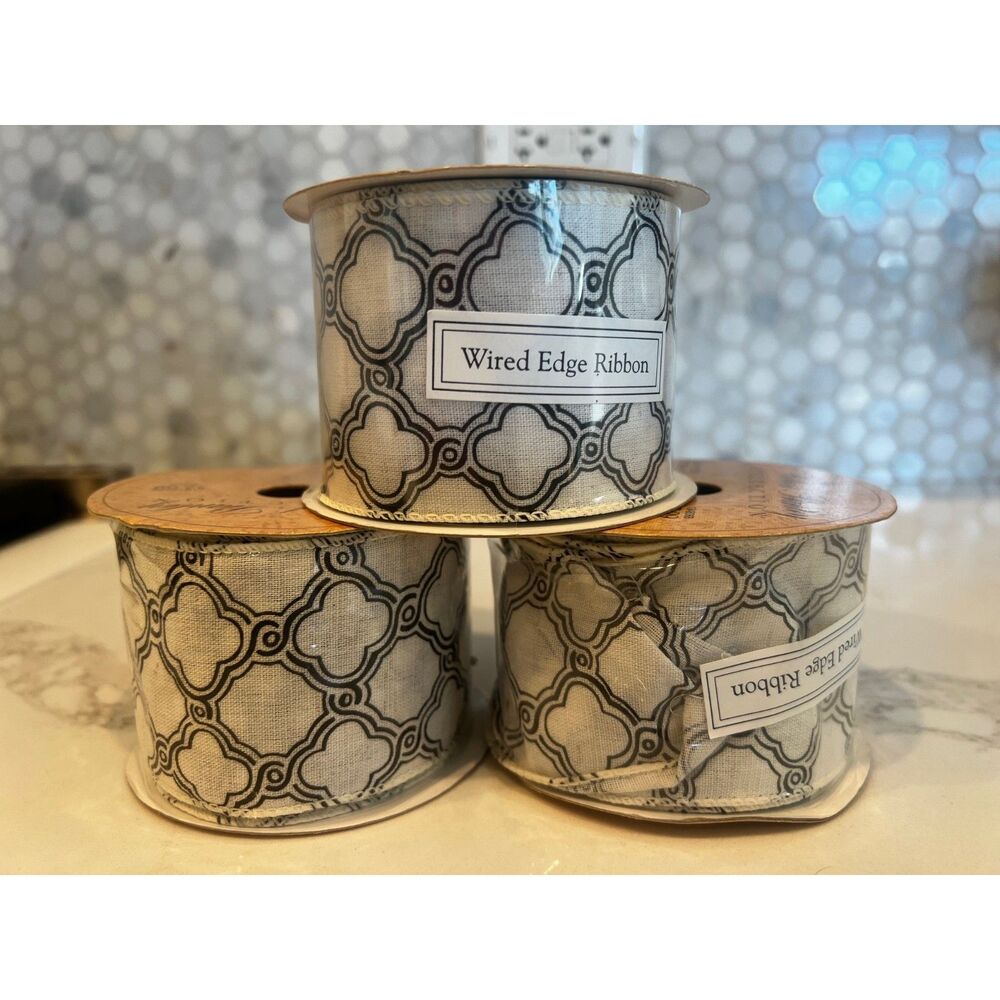 Ivory and Black Trellis 2.5" Wired Edge Ribbon 18 Feet New Set of 3